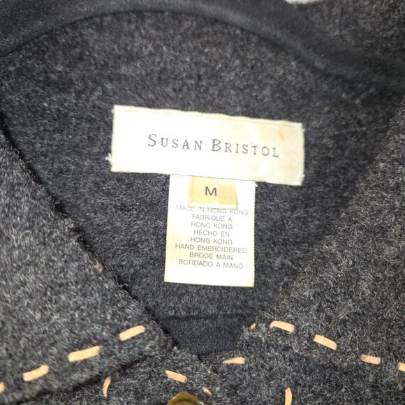 Vintage Susan Bristol Womens Medium Wool Cardigan Gray Hand Embroidered Career - Picture 2 of 9